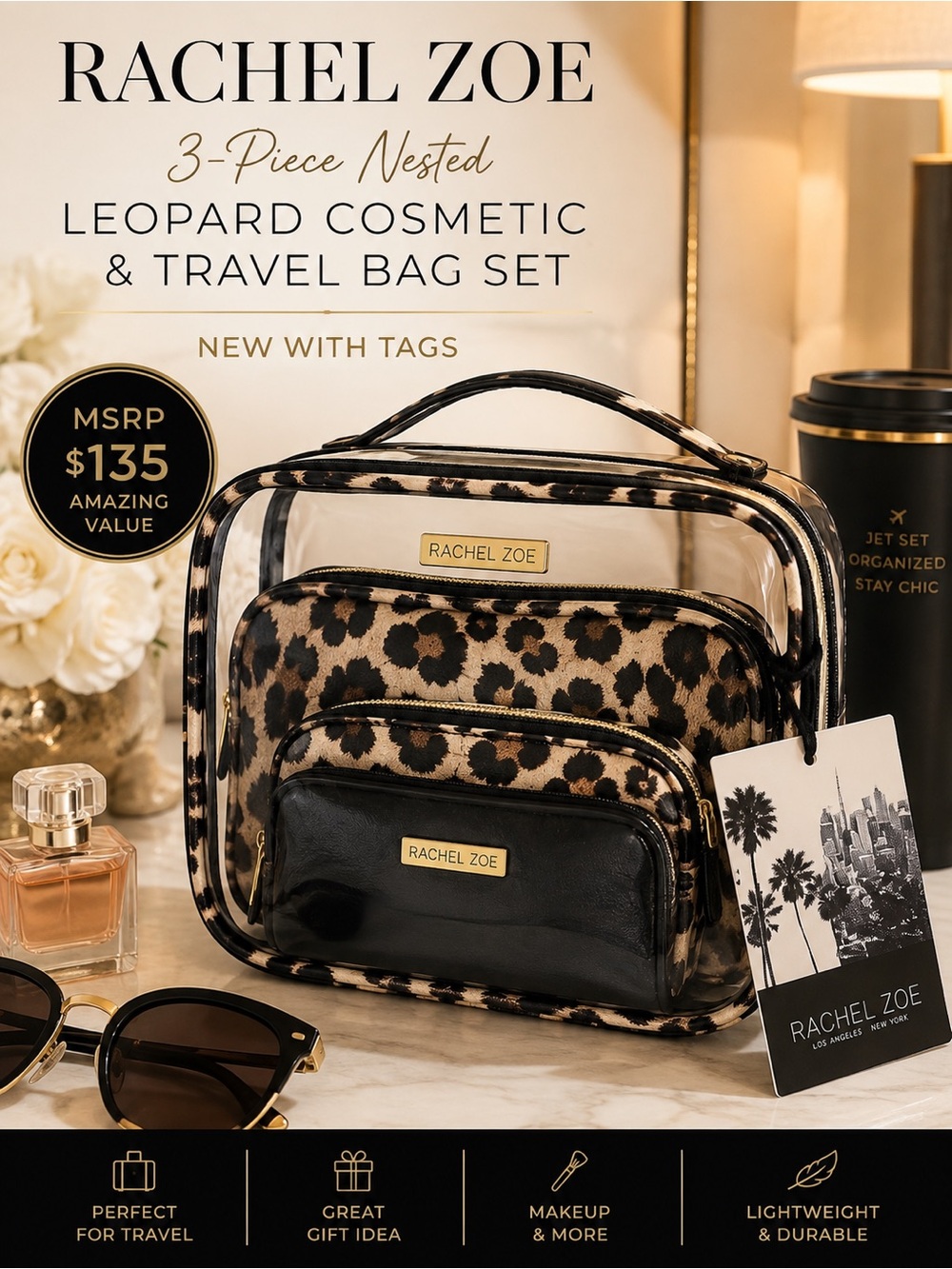 Rachel Zoe‎ 3 Piece Nested Top Leopard Animal Print Travel Bags MSRP $135 NWT.